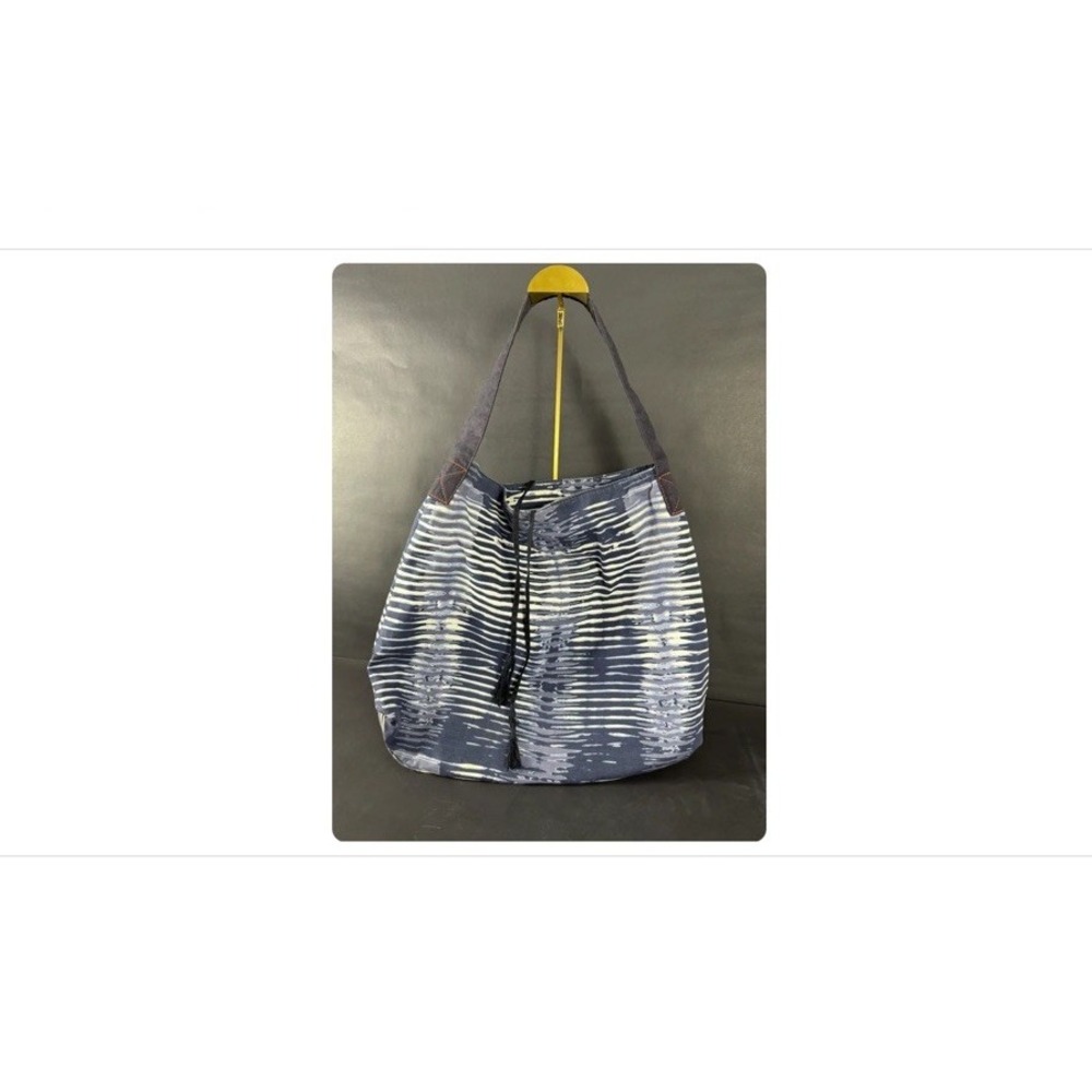 Tommy Hilfiger Medium Blue White Hobo Shibori Pinstripe Tote Bag 19x16 EC